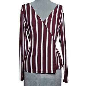 Burgendy Striped Faux Wrap Top Size Large